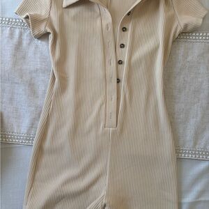 Edikted Beige Ribbed Button-Front Jumpsuit